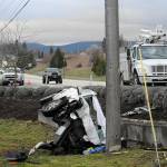 Sequim Gazette photo by Matthew Nash/ A man struck a power pole late on March 11 causing power to go out for nearly 2,000 households near West Sequim Bay Road through the early morning on March 12. He was not hospitalized.