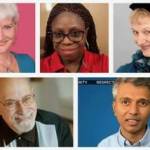 Panelists for the Skwim Toastmasters' March 26 meeting include (top row, from left) Rebecca P. Murray, Yolanda Ali-Paige and Lindy MacLaine, and (bottom row, from left) Solarzar Delaporta and Abhijeet Joshi.
