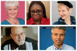 Panelists for the Skwim Toastmasters' March 26 meeting include (top row, from left) Rebecca P. Murray, Yolanda Ali-Paige and Lindy MacLaine, and (bottom row, from left) Solarzar Delaporta and Abhijeet Joshi.
