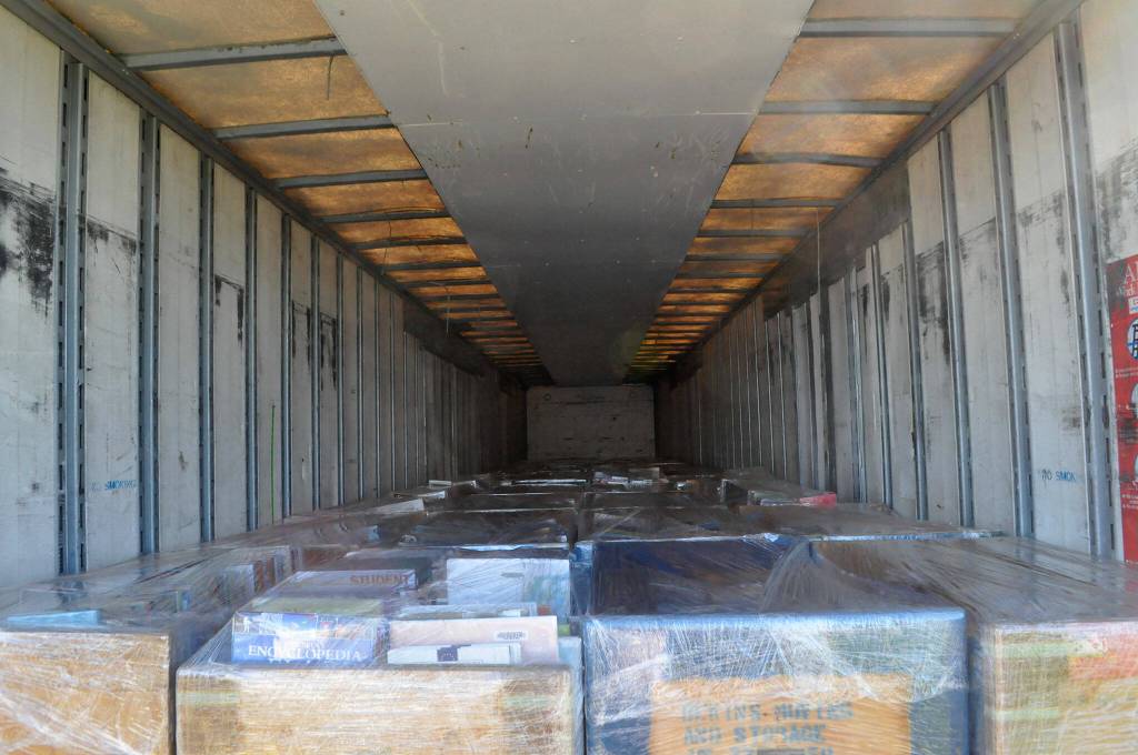 Sequim Gazette photo by Matthew Nash/ By calculations from Olympic Moving and Storage staff, they estimate theyll need to have filled this trailer two-and-a-half times to move all of the Sequim Librarys books to a temporary space during construction.