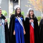 Sequim Gazette photo by Matthew Nash/ Sequim Irrigation Festival royalty, from left, Princess Ashlynn Northaven, Queen Ariya Goettling, Princess Kailah Blake, and Princess Sophia Treece see their float for the first time on March 23.