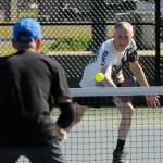 Sequim Gazette photo by Michael Dashiell / Phil Milliman, right of the X-40 Kraken looks to get a shot past Tim Scott of the Lavender Lobbers in a Sequim Picklers Minor League Pickleball match last week.