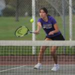 Sequim Gazette photo by Michael Dashiell / Sequims Amara Gonzalez returns a shot against Bainbridges Gabby Farley in an April 9 Olympic League match.