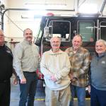 Sequim Gazette photo by Michael Dashiell / The current and former fire chiefs with Clallam County Fire District 3 gather on March 27 to send off outgoing chiefs Ben Andrews and Dan Orr. Pictured, from left, are: current District3 chief Justin Grider; Andrews; former chief Steve Vogel; Orr, and former chief Tom Lowe.