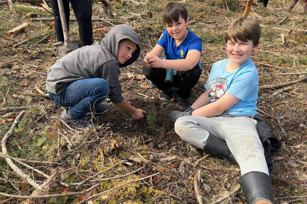 Sequim Gazette photo by Matthew Nash/ Cyrus Farrington, Zayden Bryant and Dean Tangedahl plant a red cedar tree on March 29 for a third grade field trip.
