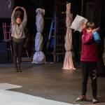 Photo by Emily Matthiessen / Arwen Osborne, left, and Julian Medlong play a giant game of tic-tac-toe to learn stage locations during the two-week OTA theater camp that sets the stage for three public Plays From African Folktales performances at the Sequim theater.