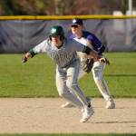 Sequim Gazette photo by Michael Dashiell / Sequim shortstop Devyn Dearinger keeps an eye on Port Angeles baserunner Josiah Gooding in the Wolves 7-4 Olympic League loss on April 12.