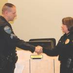 Photo courtesy City of Sequim/ In January 2017, Sequim Police Chief Sheri Crain congratulates Sergeant John Southard during his swearing-in ceremony to become patrol sergeant. He was named deputy chief, effective May 1, 2024.