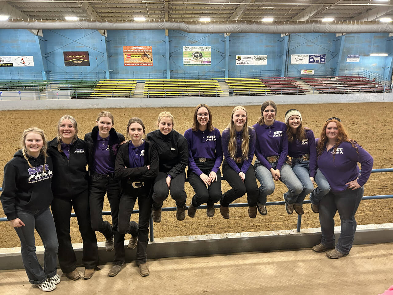 Photo courtesy of Sequim Equestrian Team / Sequim Equestrian Team members enjoy their final district meet of the season in mid-April. Pictured, from left, are Kennady Gilbertson, Paige Reed, Celbie Karjalainen, Taylor Lewis, Libby Swanberg, Katelynn Middleton-Sharpe, Asha Swanberg, Lily Meyer, Sydney Hutton and Joanna Seeyle.
