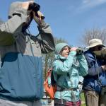 Photo by Keith Thorpe/Olympic Peninsula News Group
Olympic Birdfest participants, from left, Paul Foeller and Lucy Pauckert of Sequim and Marion Rutledge of the Dungeness River Nature Center look for waterfowl on Sequim Bay from John Wayne Marina during a birdwatching excursion on April 13.
