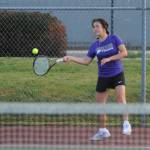 Sequim Gazette photo by Michael Dashiell
Sequims Tiffany Lam returns a shot in singles play agains Bainbridges Ruby Morrow on April 9. Lam improved to 10-1 on the season with three singles wins last week.