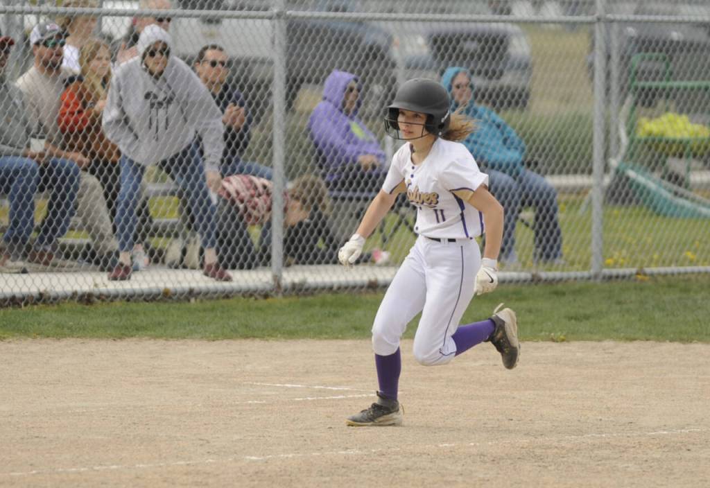 Sequim Gazette photo by Michael Dashiell / Sequim's Kylie Winters races home for a score in the second inning as the Wolves take on 1A Klahowya on April 20.