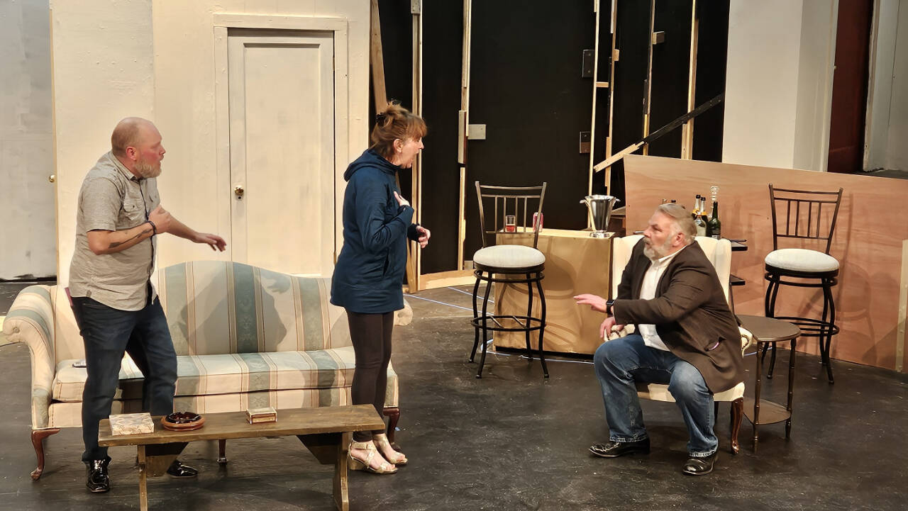 Photo courtesy of Port Angeles Community Players
Port Angeles Community Players work out a scene in a recent rehearsal on the unfinished set of Rumors. Pictured, from left, are Zach Wiedenhoeft, Rebecca Gilbert and Mark Valentine.