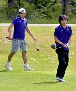 Photo by Keith Thorpe/Olympic Peninsula News Group / Sequims Lars Wiker, left, and Joey Kang look down the first fairway before teeing off at the Duke Streeter Invitational at Peninsula Golf Course in Port Angeles on April 23.