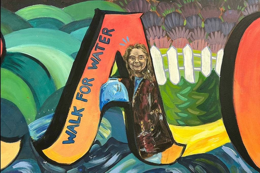 Sequim Gazette photo by Matthew Nash/ A new mural in Sequim High School honors 2020 graduate Alissa Lofstrom who started the mural in 2019 but had to stop due to Covid-19 shutdowns. She died in 2021 in a fall but past and current students finished her mural for the Interact Club.