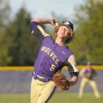 Sequim Gazette photo by Michael Dashiell
Sequims Zeke Schmadeke pitches in the fourth inning as the Wolves host Kingston on April 30.