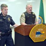 Photo by Keith Thorpe/Olympic Peninsula News Group / Port Angeles Police Chief Brian Smith, left, and Clallam County Sheriff Brian King conduct a briefing at the Clallam County Courthouse on May 3 following an officer-involved fatal shooting earlier in the day outside Chase Bank at Front and Laurel streets in downtown Port Angeles.