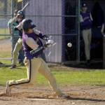 Sequim Gazette FILE photo by Michael Dashiell
Sequims Lincoln Bear rips a single in the bottom of the fourth inning as the Wolves host Kingston on April 30. Kingston ended Sequims postseason run Saturday in a winner-to-state, loser-out district tourney game.