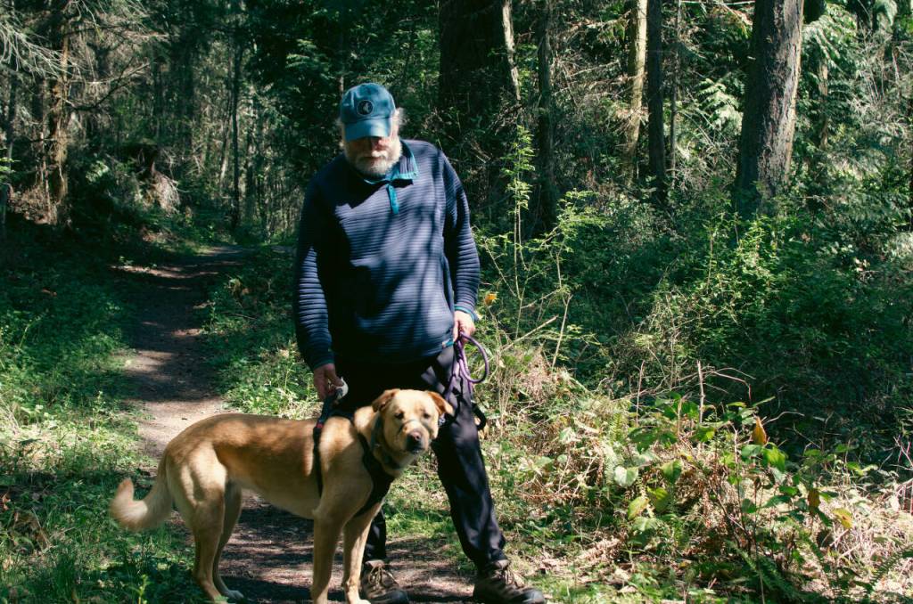 Sequim Gazette photo by Elijah Sussman / Local hiker Dan OConnel and his dog Ruth Ruthie Bader Ginsburg on May 8.