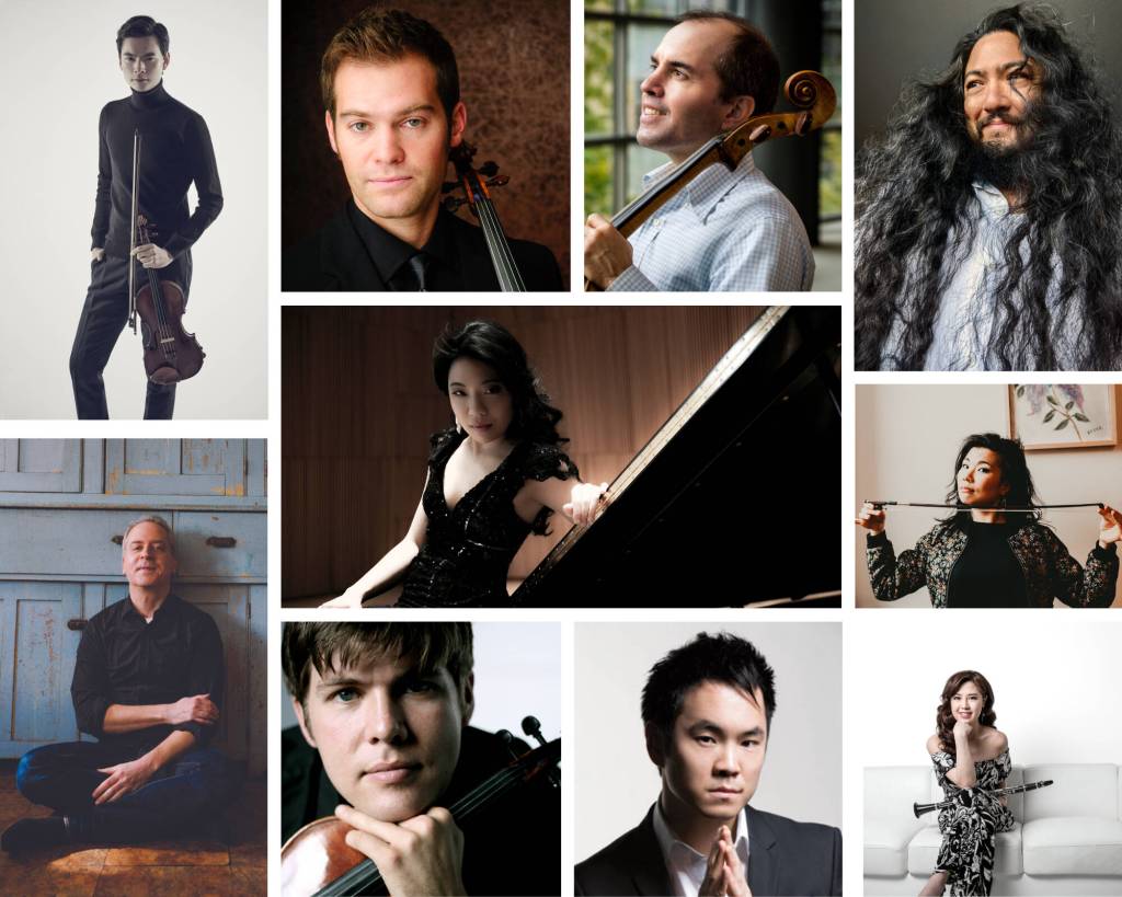 Photo courtesy of Music on the Strait 
Artists in the Music on the Straits 2024 lineup include (clockwise, from top left) Stefan Jackiw, David Auerbach, Efe Baltacigil, Paul Wiancko, Ayane Kozasa, Yoonah Kim, Richard ONeill, James Garlick and Jeremy Denk, and (center) Joyce Yang.