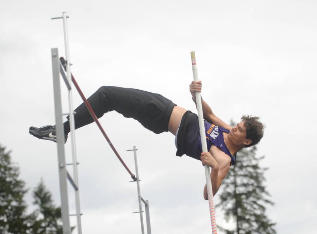 Sequim Gazette photo by Michael Dashiell / Sequims Malachi Byrne clears 12-3 on his way to a third place finish at the West Central Bi-district meet in Belfair and a class 2A state meet berth.
