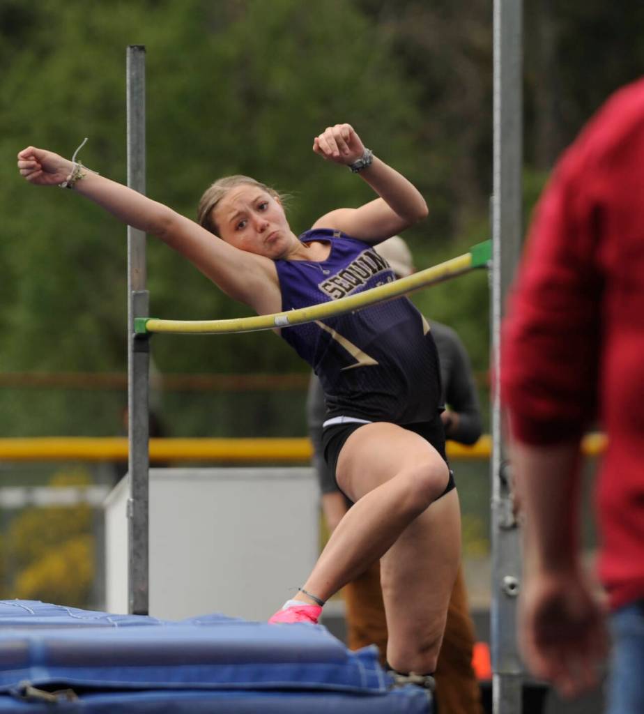 Sequim Gazette photo by Michael Dashiell / Sequim High freshman Bailey Stein looks to clear 4-6 in the high jump at the West Central B-district meet event in Belfair on May 18. Stein finished tied for ninth in the event with a 4-4 mark.