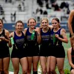 Sequim Gazette photo by Michael Dashiell / Sequim Highs girls 4x400 relay team is all smiles after placing fourth at the West Central B-district meet event in Belfair on May 18. Pictured, from left, are Kaitlyn Bloomenrader, Bailey Stein, Dawn Hulstedt and Ivy Barrett.