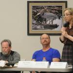 Sequim Gazette photo by Matthew Nash/ Virginia Shogren, right, said that the May 14 special meeting for the Sequim Prairie Tri-Irrigation Association cannot allow for election of new members, and that its only allowed at the February annual meeting. She, Don Dashiell, left, and Richard Moore (later appointed) were elected as board members at the annual meeting after they felt the 2023 meeting was invalid due to a lack of notifications, and the existing board left the 2024 meeting without adjourning and they needed a quorum to continue.