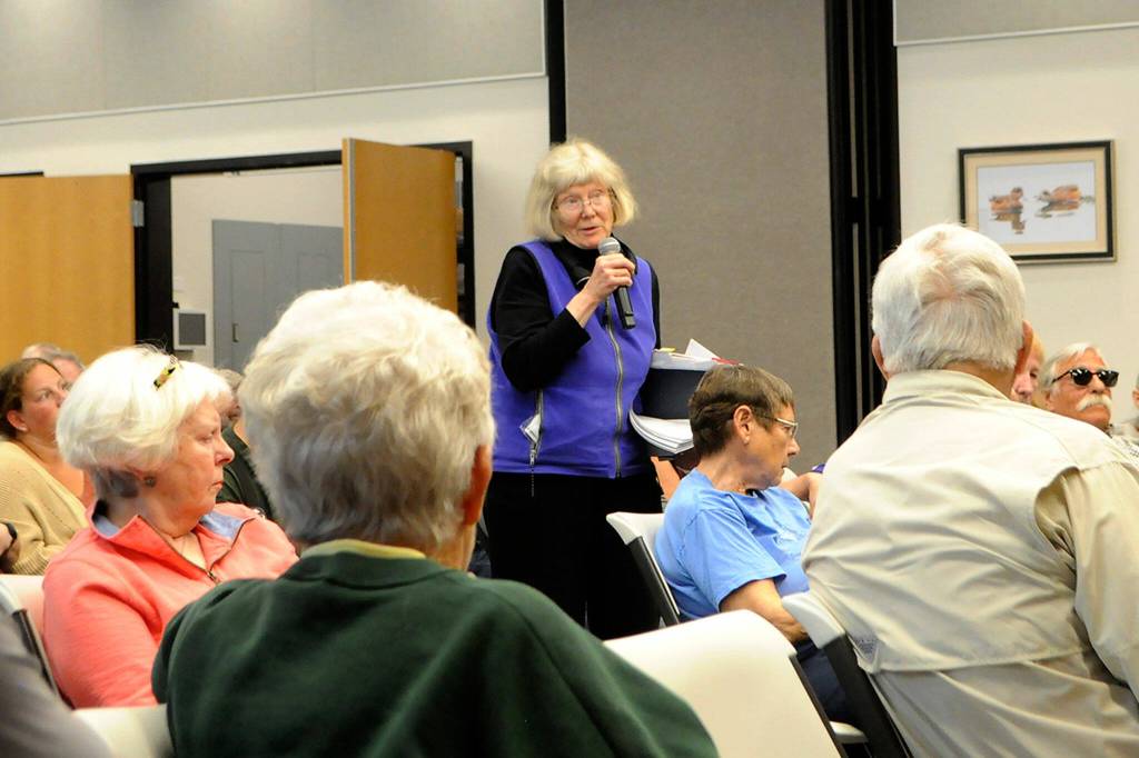 Sequim Gazette photo by Matthew Nash/ Judy Larson, a shareholder, comments that the 2023 annual meeting is invalid because it didnt have proper notice and that it was held on the wrong date, per the Sequim Prairie Tri-Irrigation Associations bylaws.