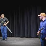 Sequim Gazette photo by Elijah Sussman / Spamalot actors (from left) Mario Arruda, Ron Graham and Hunter Gilliam rehearse a scene at Olympic Theatre Arts on May 15.