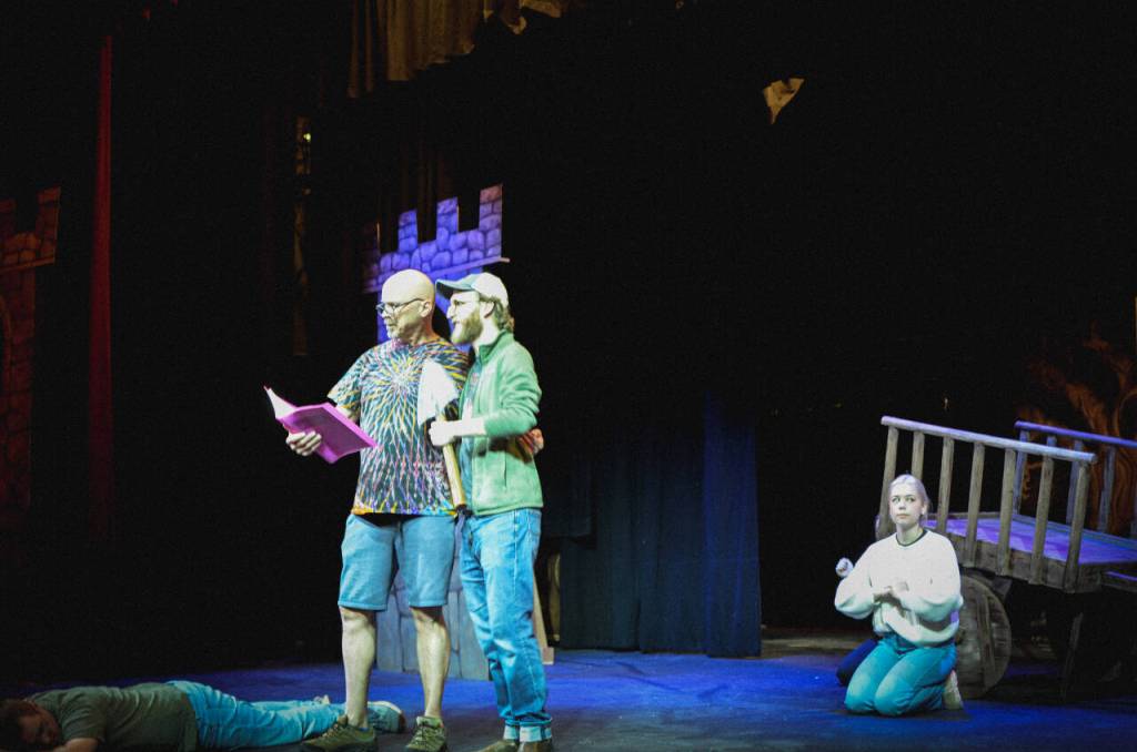 Sequim Gazette photo by Elijah Sussman / Actors (from left) Dave McInnes, Matt Forrest and Helena Gilliam rehearse a scene for Spamalot at Olympic Theatre Arts on May 15.