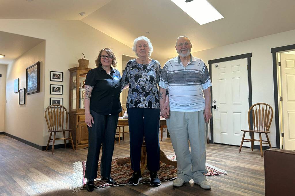 Sequim Gazette photo by Matthew Nash/ Helen and Greg Starr of Agnew, on right, helped donate more than $900,000 from the estate of James Minsky to Sarges Veteran Support with its executive director Cheri Tinker working to bring a permanent housing project for veterans to Sequim.