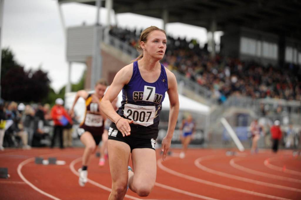 Sequim Gazette photo by Michael Dashiell / Sequims Ivy Barrett races in the preliminaries of the 800-meter race at the class 2A state track and field championships in Tacoma on May 24.