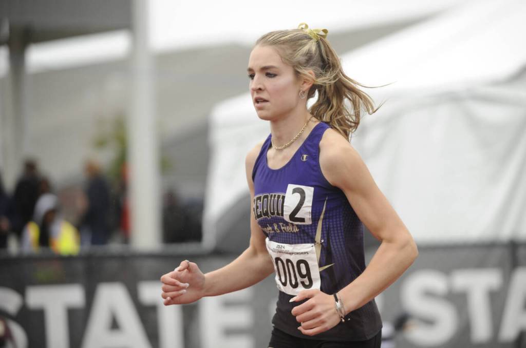 Sequim Gazette photo by Michael Dashiell / Sequims Dawn Hulstedt races in the preliminaries of the 800-meter race at the class 2A state track and field championships in Tacoma on May 24.