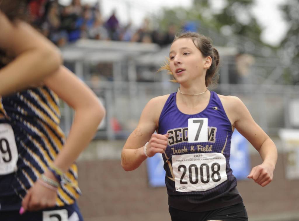 Sequim Gazette photo by Michael Dashiell / Sequims Kaitlyn Bloomenrader races in the preliminaries of the 800-meter race at the class 2A state track and field championships in Tacoma on May 24.
