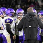 Sequim Gazette file photo by Michael Dashiell / Sequim players listen as head coach Erik Wiker gives instruction in a 2017 game against Port Angeles.