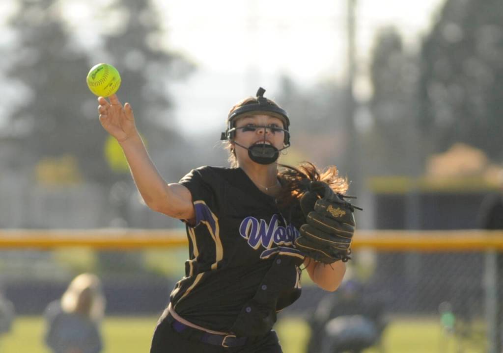 Sequim Gazette photo by Michael Dashiell / Sequim shortstop Taylee Rome throws out a Bainbridge baserunner in a March 19 Olympic League match-up. Rome was named to the all-Olympic League first team.