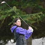 Sequim Gazette photo by Michael Dashiell / Sequims Emily Post looks for a spot on the fairway at The Cedars at Dungeness on March 21 as the Wolves take on Bainbridge. Post,who qualified for the class 2A state tourney in May, was named to the all-Olympic League first team.