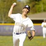 Sequim Gazette photo by Michael Dashiell / Sequims Ethan Staples, shown here pitching during a win over Kingston last month, struck out seven and drove in two runs in the Wolves 7-3 bi-district tournament win over Fife. Staples was named to the all-Olympic League first team.