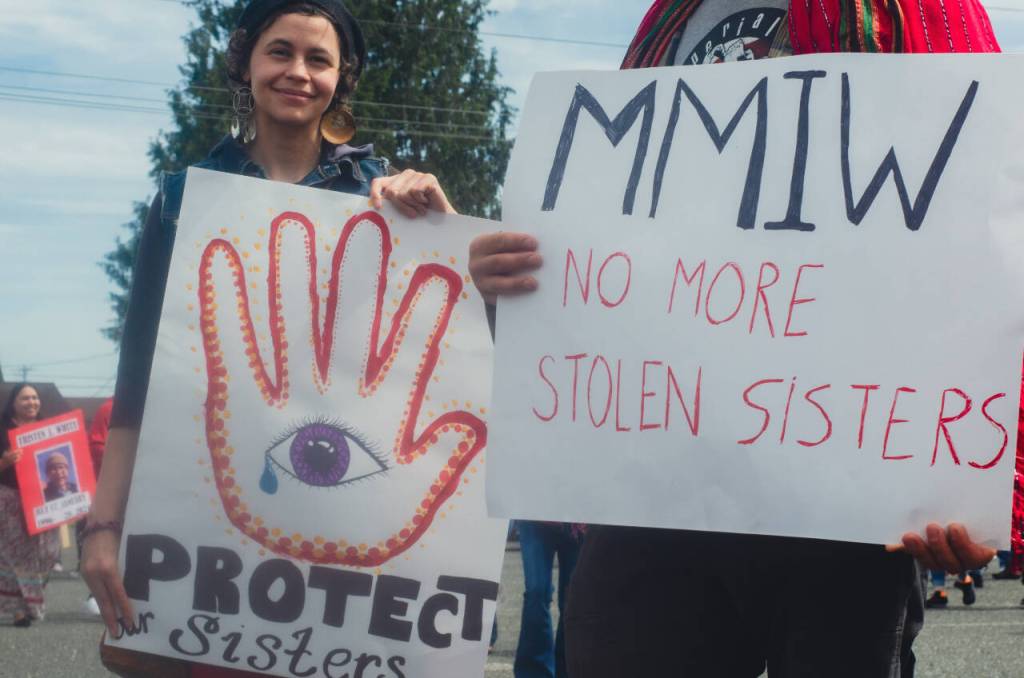 Sequim Gazette photo by Elijah Sussman / Zumi Chawner of the Lummi Tribe showing support for MMIP on Red Dress Day. May 3.