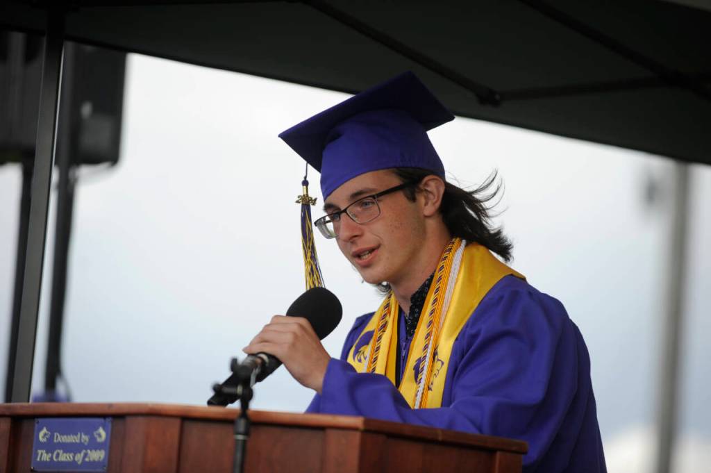 Sequim Gazette photo by Michael Dashiell / Brody Anderson, one of five valedictorians for Sequim High Schools Class of 2024, offers his speech to classmates at the June 14 graduation ceremony.