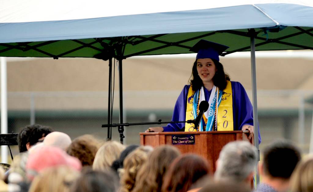 Sequim Gazette photo by Michael Dashiell / Co-valedictorian Dani Herman offers her thoughts to classmates and attendees at the June 14 Sequim High School graduation ceremony.
