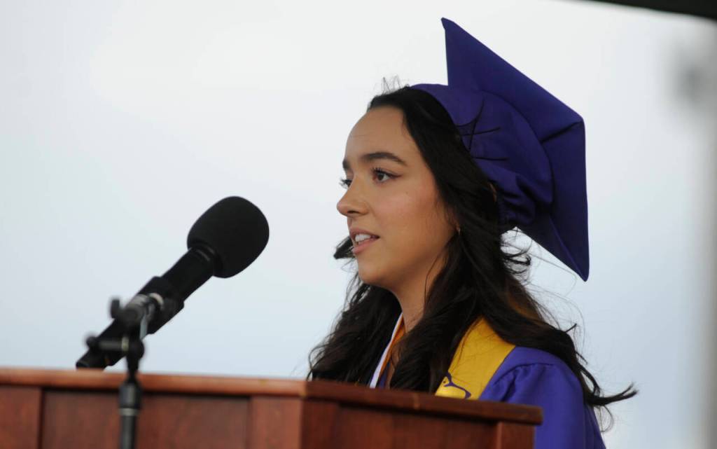 Sequim Gazette photo by Michael Dashiell / Kimberly Flores, a first generation high school graduate, offers part of her co-valedictorian speech in Spanish.