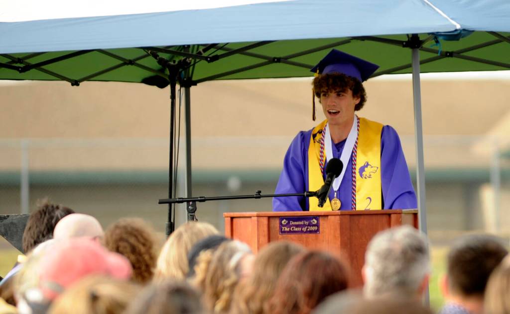 Sequim Gazette photo by Michael Dashiell / Class-elected speaker Sam Stewart speaks at the 2024 Sequim High School graduation ceremony on June 14.