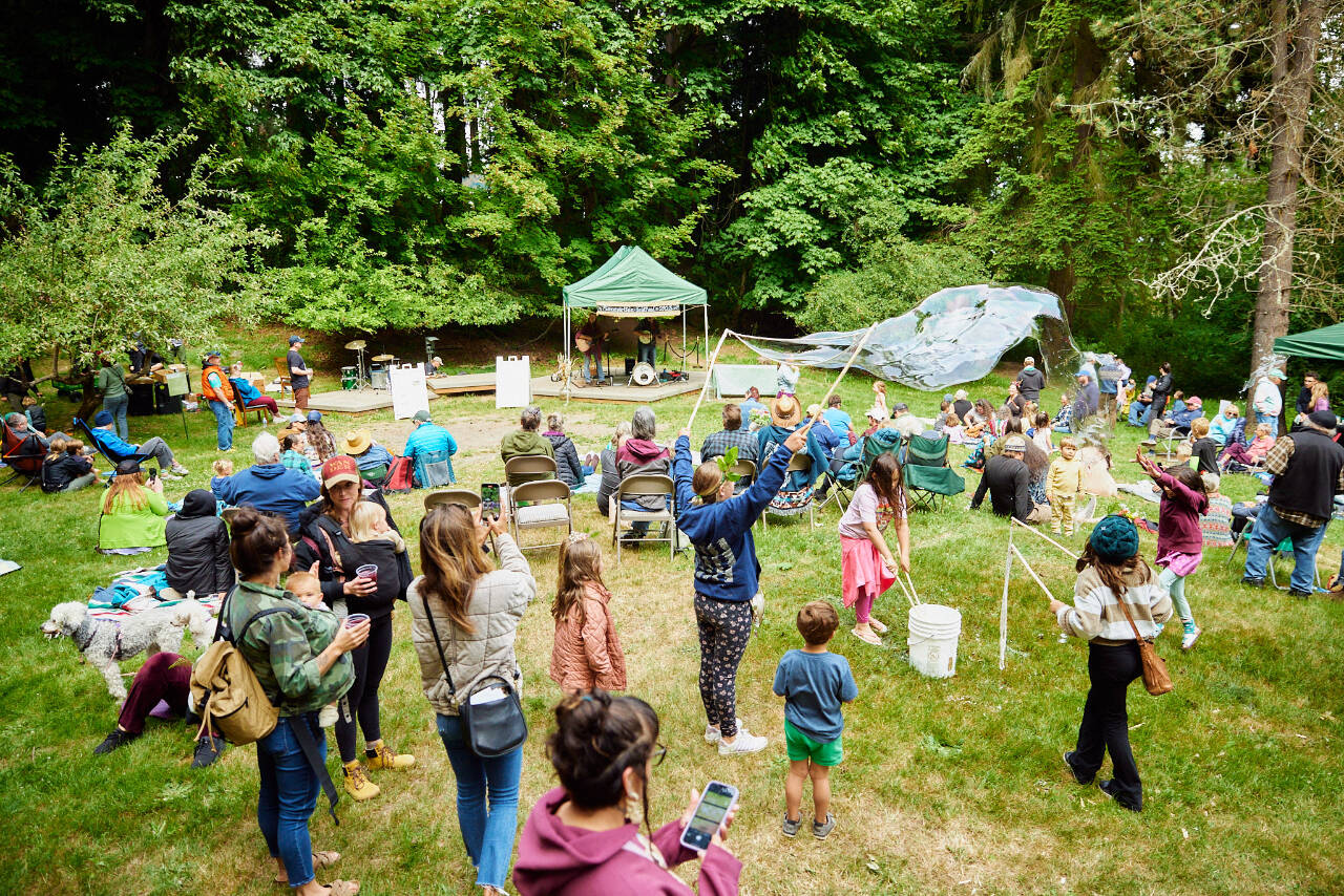 Photo by CasCadia Films
A crowd enjoys the Summertide Festival in the meadow of Websters Woods in 2023.