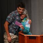 Sequim High senior Lars Wiker gets a $1,000 Bob Duncan Memorial Scholarship and a hug from Mary Jane Duncan at SHSs Scholarship Night.