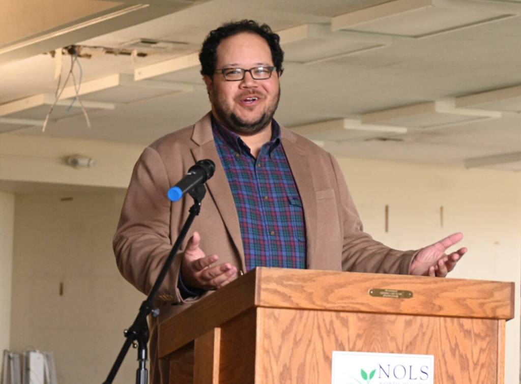 Sequim Gazette photo by Michael Dashiell
Noah Glaude, executive director of the North Olympic Library System, welcomes a crowd to the ceremonial groundbreaking of the Sequim Library expansion in April.
