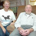 Sequim Gazette file photo by Michael Dashiell / Olympic Games gold medalist Joe Rantz, former Sequim resident, and his daughter Judy Willman are pictured here in 2006, about a year before Rantzs death.