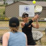 Sequim Gazette photo by Michael Dashiell / Kathy Hunter returns a shot in the Sequim Fling Pickleball Tournament on June 29.