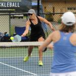 Sequim Gazette photo by Michael Dashiell / Stacy Nelson returns a shot in the Sequim Fling Pickleball Tournament on June 29.